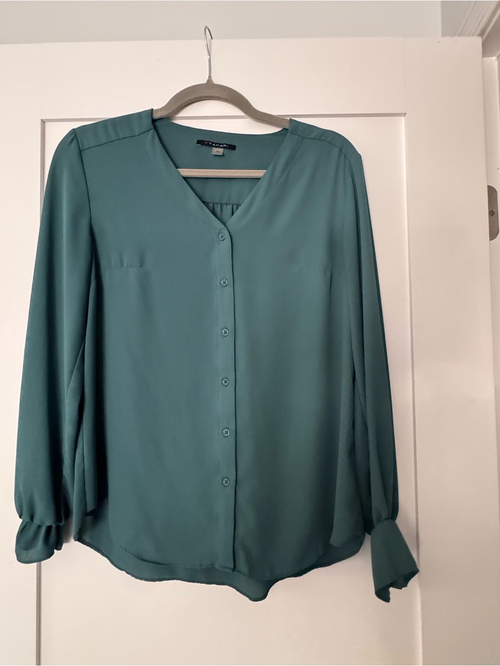 T Tahari Teal Button-Front V-Neck Blouse